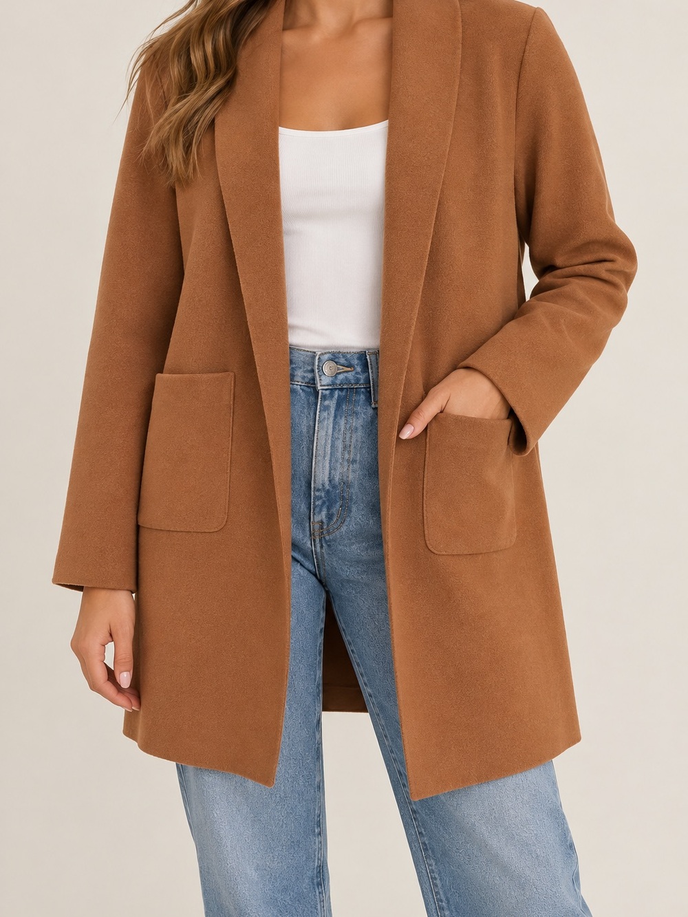Womens Camel Open-Front Coat